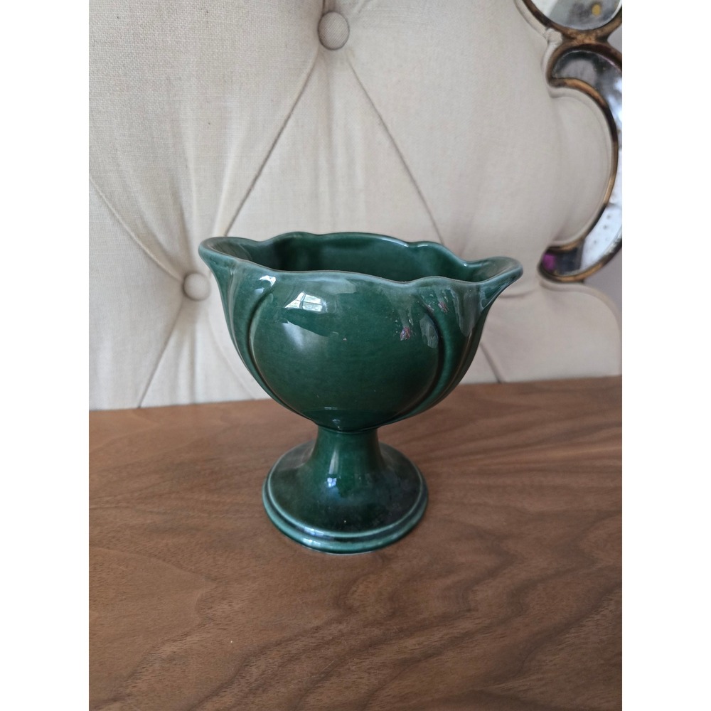 Vintage Art Deco Hull Pottery F-33 green pedestal planter vase
